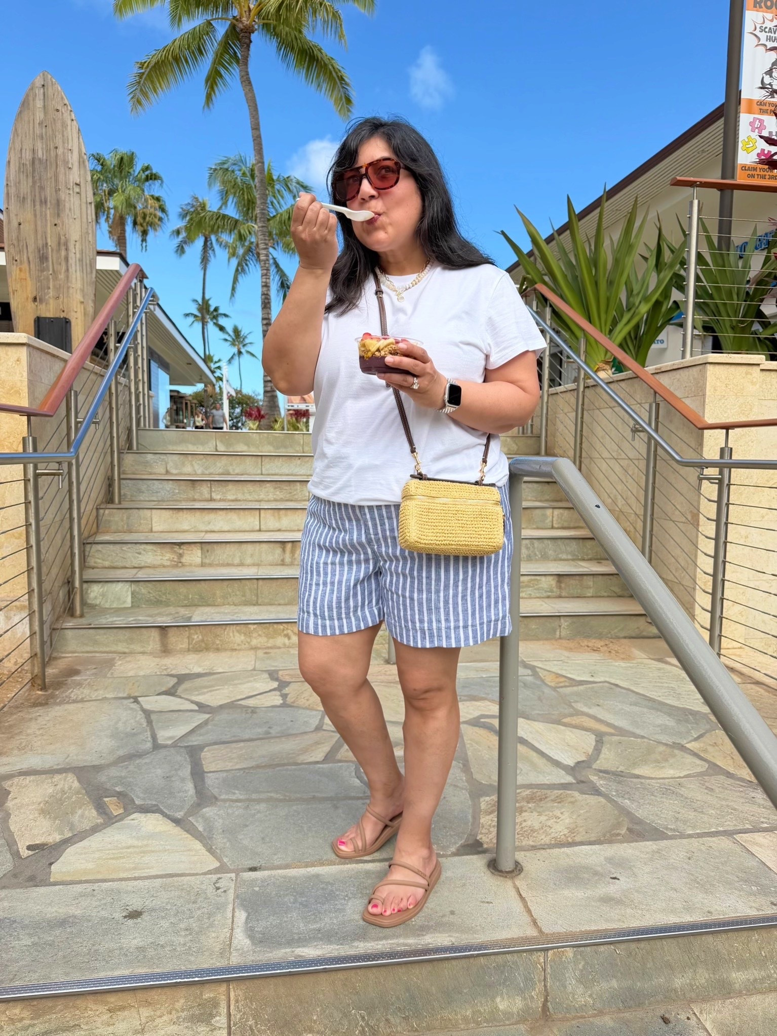 Summer outfit! Obsessed with these linen shorts! The perfect length and so comfortable. Not too short and not too long and available in lots of colors! Paired them with a simple white tee, comfy sandals that are great for the beach and pool and a cute little raffia crossbody bag. Such an easy outfit for hot summer days. 

Athleta white tee and shorts size XL. Crocs sandals. Madewell sunglasses. Tory Burch raffia crossbody bag.

Summer outfits, midsize petite outfit, summer vacation outfits beach, beach vacation outfits, what to wear in Maui Hawaii

#LTKOver40 #LTKMidsize #LTKootd