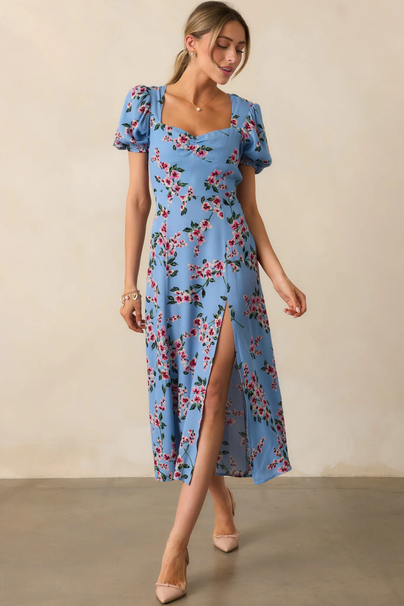 All Eyes On You Ash Blue Floral Puff Sleeve Midi Dress | Red Dress
