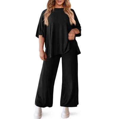 Imily Bela Womens Plus Size Lounge Sets Short Sleeve Tops Wide Leg Pants 2 Piece Outfits Tracksuit with Pockets Black 2XL | Target