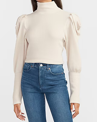 Ribbed Puff Sleeve Mock Neck Top | Express