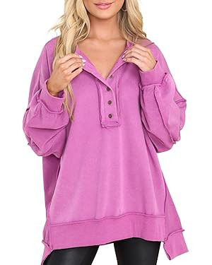 AlvaQ Women's Oversized Sweatshirt Casual Long Sleeve Button Henley Neck Pullover Tunic Tops Outf... | Amazon (US)