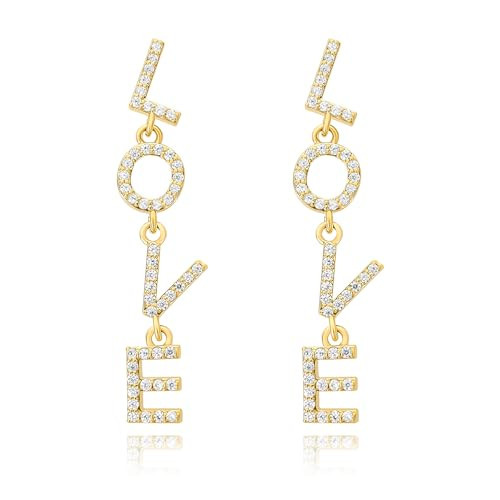 Gold LOVE Dangle Earrings for Women 14K Gold Plated Long Letter Charm Earrings Drop Cubic Zirconia Lightweight Dainty LOVE Alphabet Statement Earrings Trendy Valentine's Day Jewelry Gifts for Women | Amazon (US)