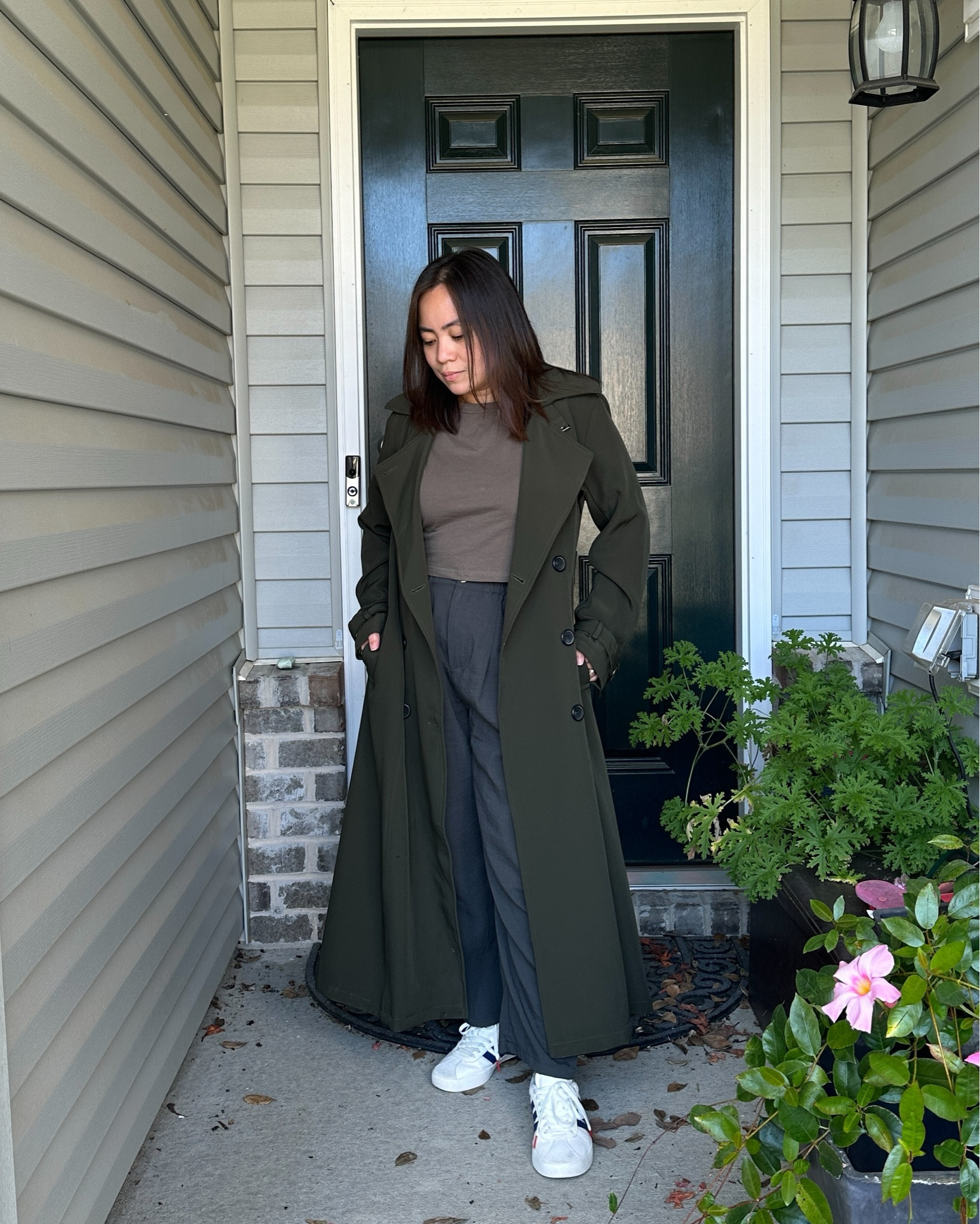 Effortless and elevated for everyday petite fashion! This olive trench coat adds length and sophistication, while the neutral taupe top and tailored trousers create a streamlined silhouette. Paired with clean white sneakers for a touch of casual comfort, this look is perfect for running errands or grabbing coffee in style. Simple, chic, and perfect for petite frames! 

#LTKStyleTip #LTKMidsize #LTKHoliday