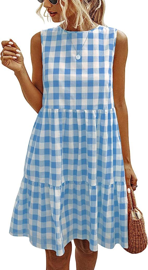 PRETTYGARDEN Women's Casual Plaid Sleeveless Ruffle Sundress Round Neck A-Line Pleated Mini Short... | Amazon (US)