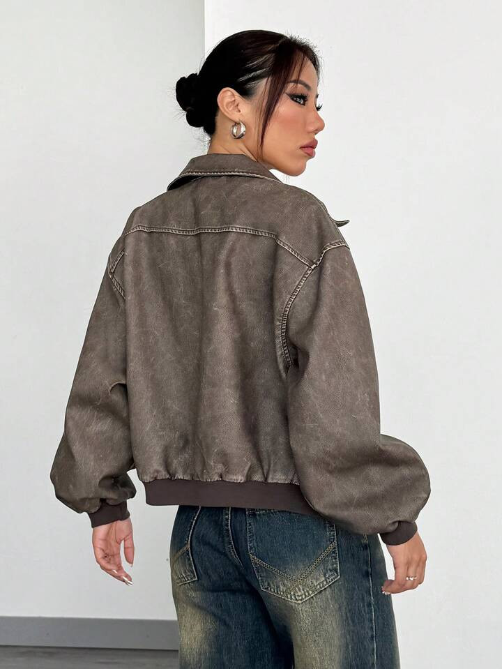 SHEIN EZwear Vintage Washed Snowflake Textured PU Leather Jacket, Autumn | SHEIN