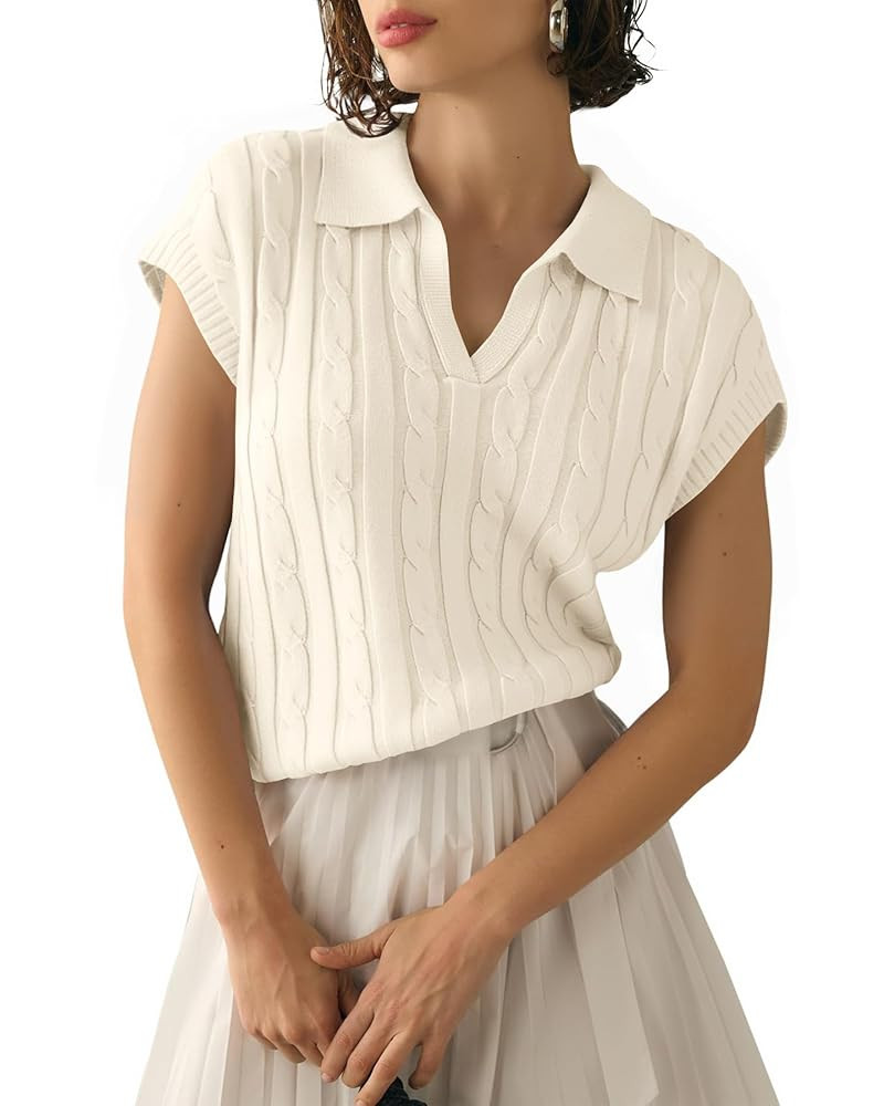 Saodimallsu Womens V Neck Polo Sweater Vest Cable Knit Cap Sleeve Spring Summer Casual Loose Pull... | Amazon (US)