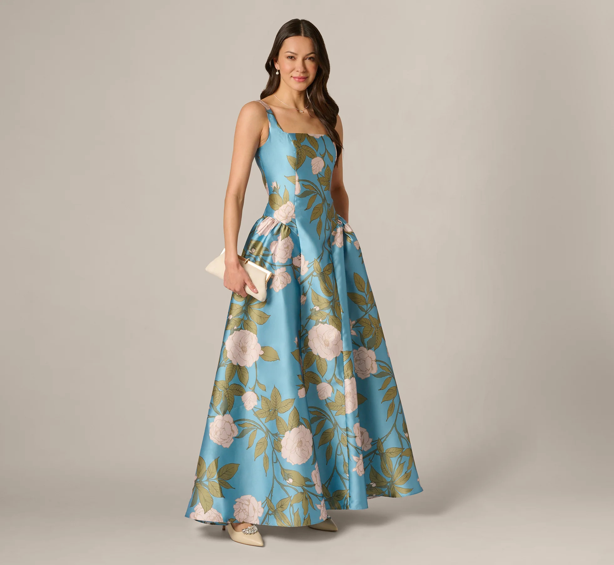 Drop Waist Square Neck Floral Ballgown In Blue Multi | Adrianna Papell