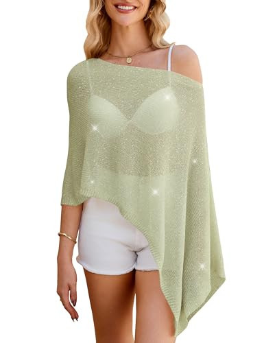 WeciBor Sparkly Sheer Poncho Top for Women Green Y2K Lightweight Shrug Knit Mesh Yarn Cover Up Vacation Poolside Outfits | Amazon (US)
