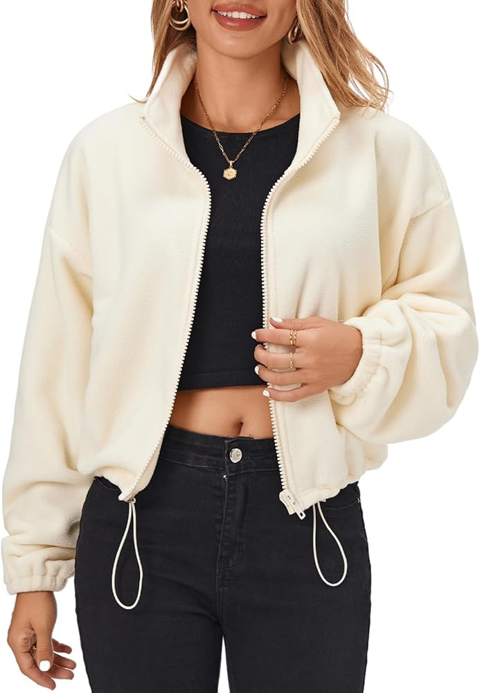 Fuinloth Women's Fleece Crop Jacket, Oversized, High Stand Collar Long Sleeve Coat | Amazon (US)