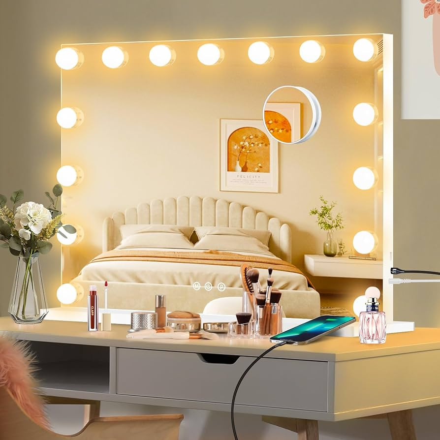 Moonee Vanity Mirror with Lights, Hollywood Lighted Makeup Mirror with 15 Dimmable Bulbs and 10X ... | Amazon (US)