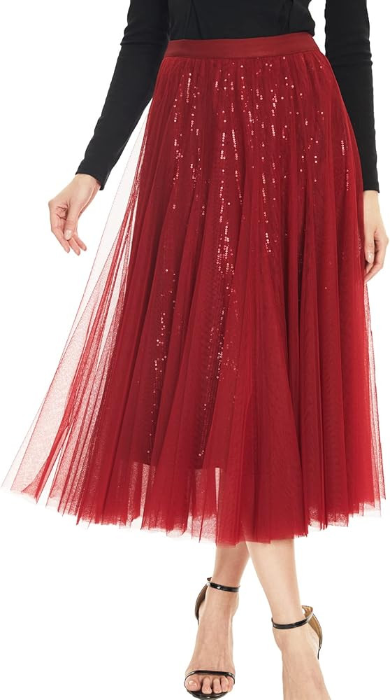 Sequin Long Tulle Skirt Layered Flowy Fairy Sparkle Party Mesh Tea Length Big Hem Skirts for Wome... | Amazon (US)