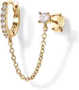PAVOI 14K Gold Chain Earrings for Women | Double Piercing Dangle Chain Huggie Hoop Earrings | Cub... | Amazon (US)