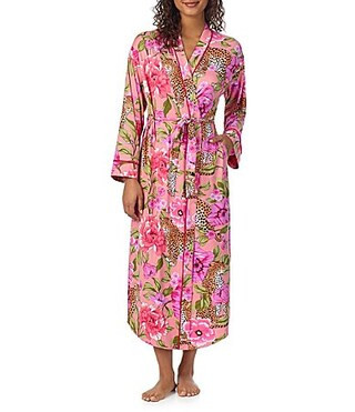 Room Service Long Sleeve Open Lapel Belt Tie Closure Leopard Floral Print Coordinating Maxi Robe - L/XL | Dillard's