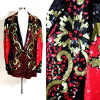 Sz L//Vintage Baroque Beaded Blazer// Red Black Gold Sequin Jacket//statement Evening Or Holiday Party Sparkle | Etsy (US)