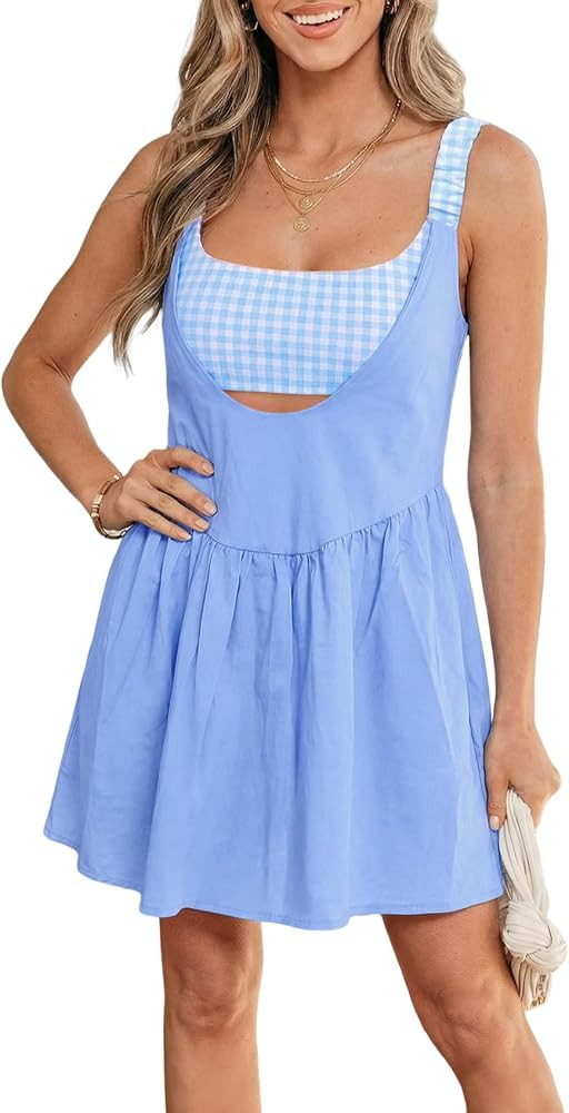 Women Patchwork Plaid Mini Dress with Built in Shorts Summer Faux Two Piece Gingham Sleeveless Ba... | Amazon (US)