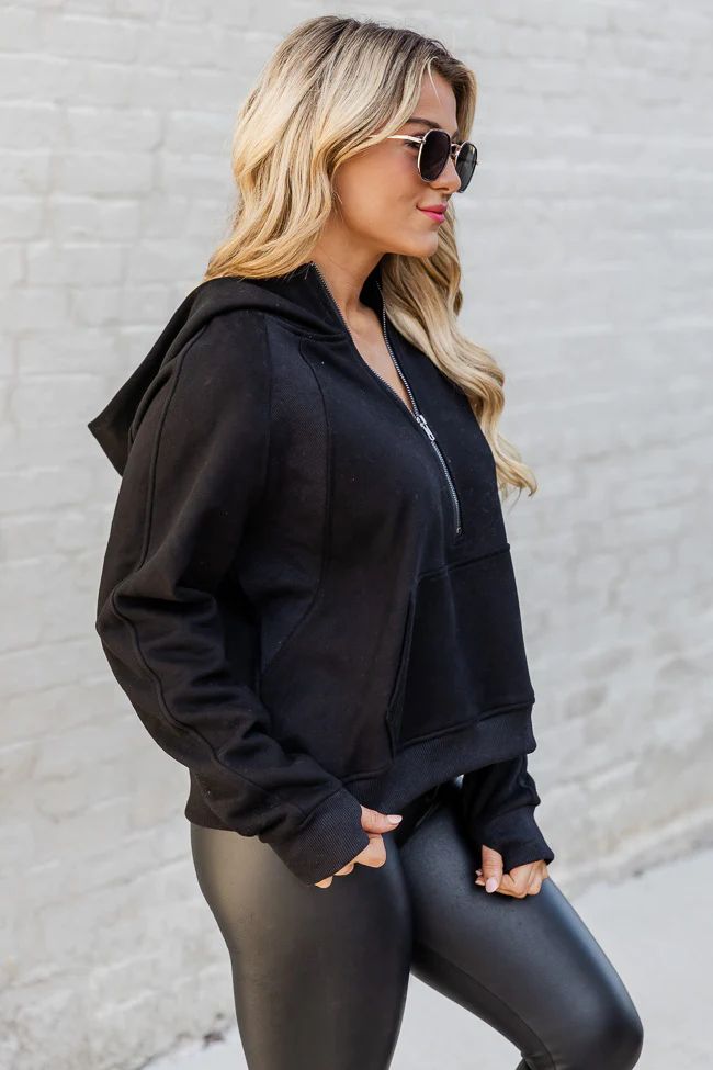 Making It Look Easy Black Ribbed Shoulder Quarter Zip Pullover | Pink Lily