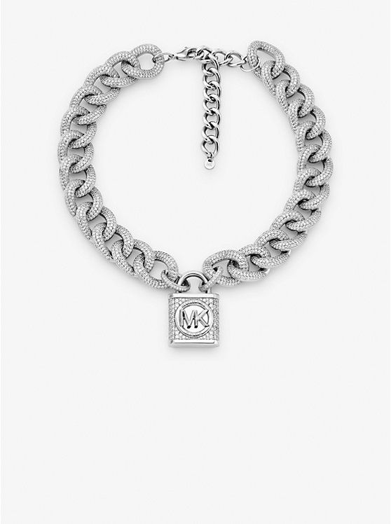 Precious Metal-Plated Brass Pavé Lock Curb Link Necklace | Michael Kors US