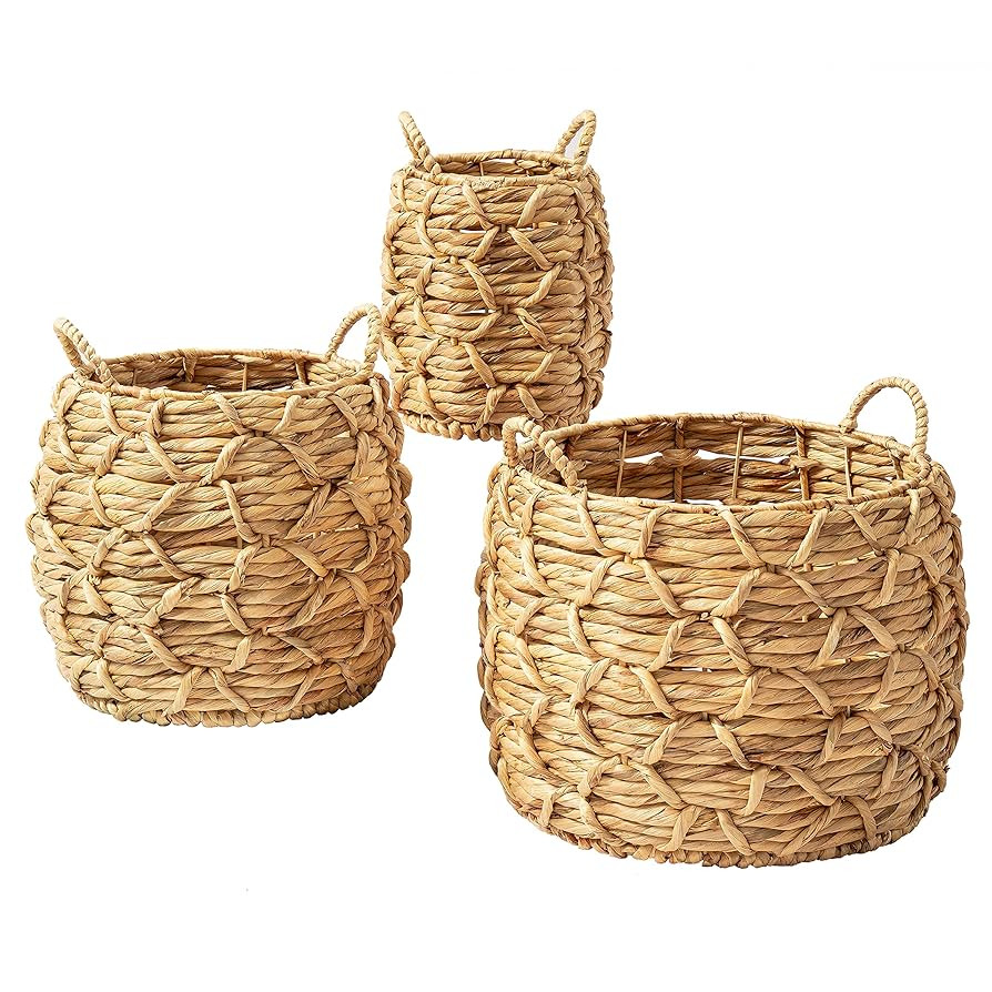 Artera Large Wicker Storage Basket - Set of 3 Woven Water Hyacinth Blanket Baskets with Handle, N... | Amazon (US)
