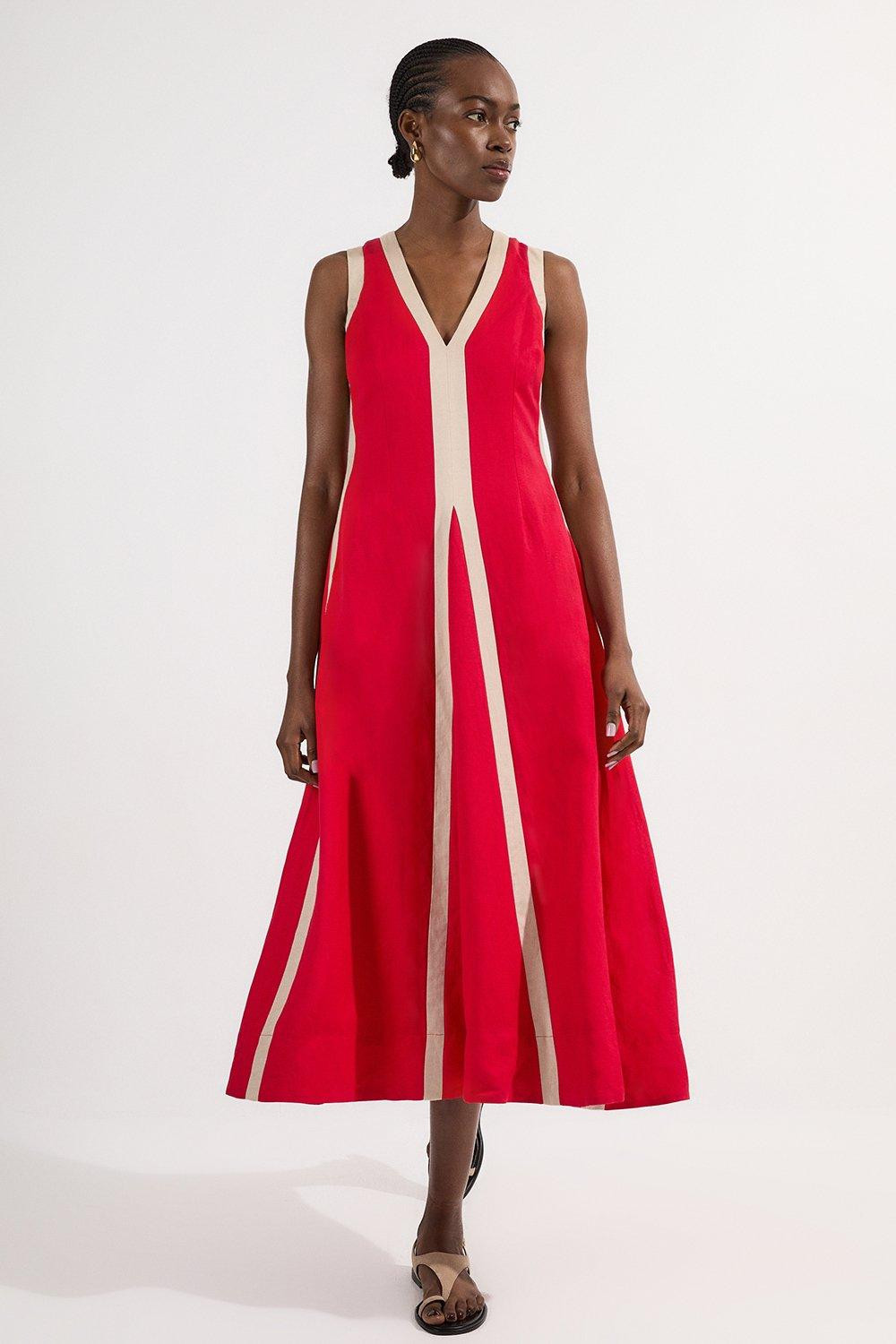 Contrast Linen Plunge Neck Woven Maxi Dress | Karen Millen UK + IE + DE + NL