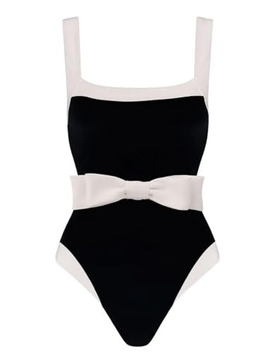 FLAXMAKER Bow Belted Black and White One Piece Swimsuit and Tassel Skirt | Amazon (US)
