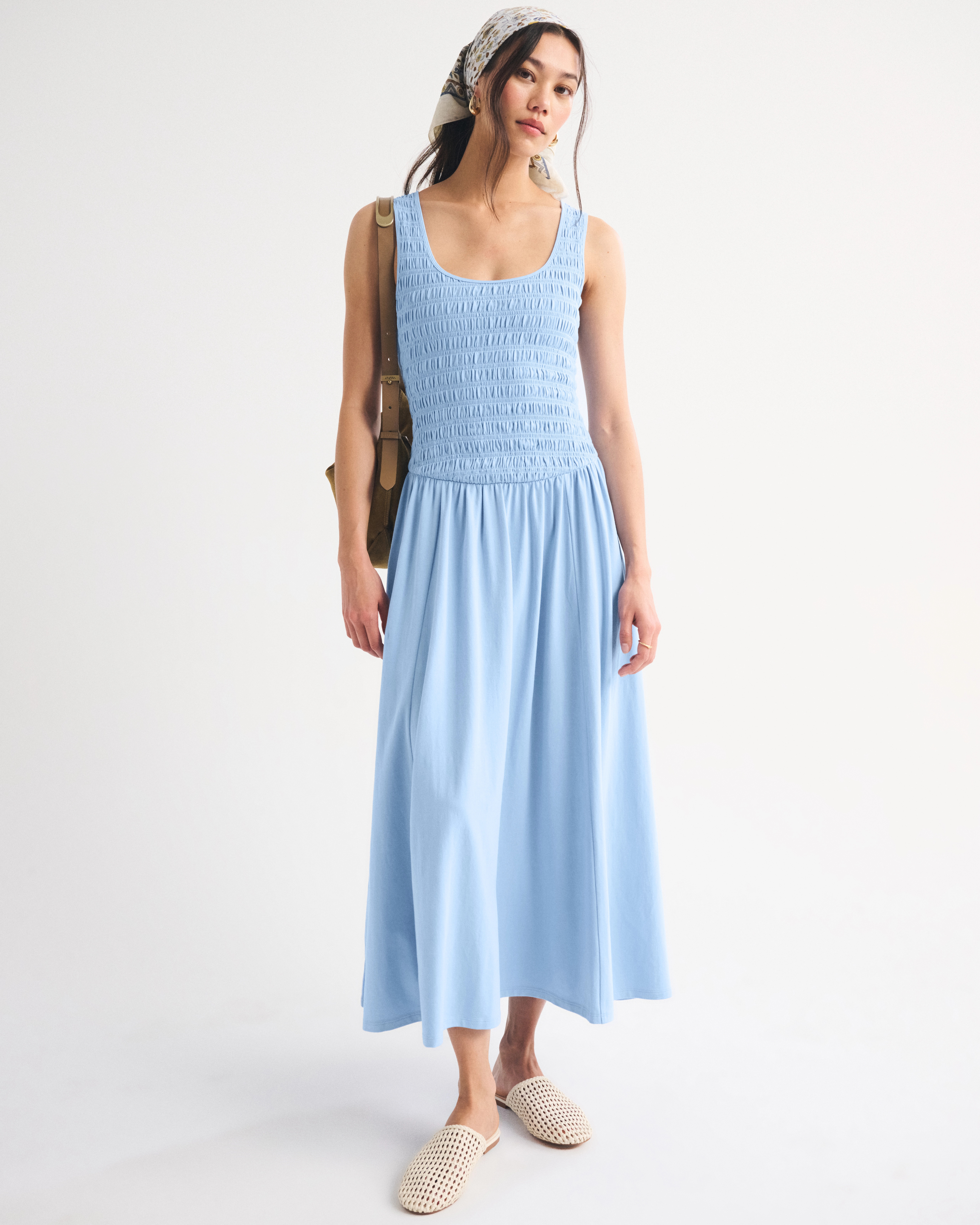 A&F Sydney Smocked Reversible Neckline Midi Dress | Abercrombie & Fitch (US)