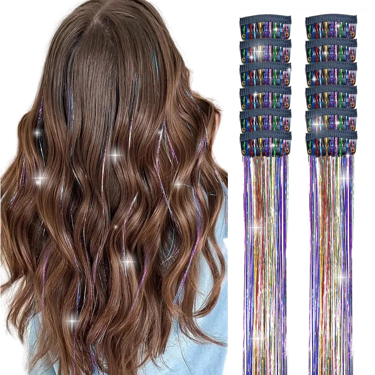 Hair Tinsel Clip in Pack of 12 Pcs Glitter Tinsel Hair Extensions 24 Inch Clip in Hair Tinsel Spa... | Amazon (US)