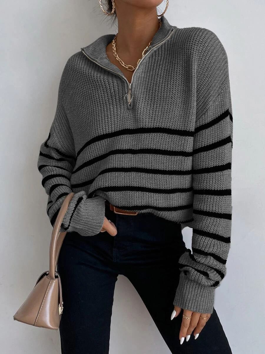 Striped Drop Shoulder Zipper Front Sweater SKU: sw2209236866666427(1000+ Reviews)$24.00Make 4 pay... | SHEIN