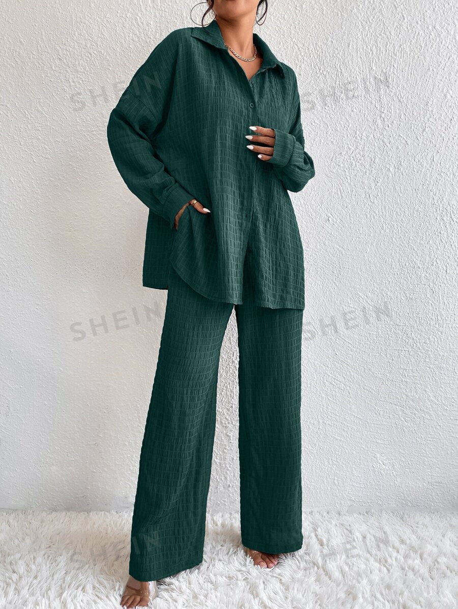 SHEIN Essnce Solid Drop Shoulder Shirt & Wide Leg Pants | SHEIN