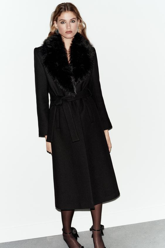 WOOL COAT WITH FAUX FUR LAPEL AND BELT | Zara US