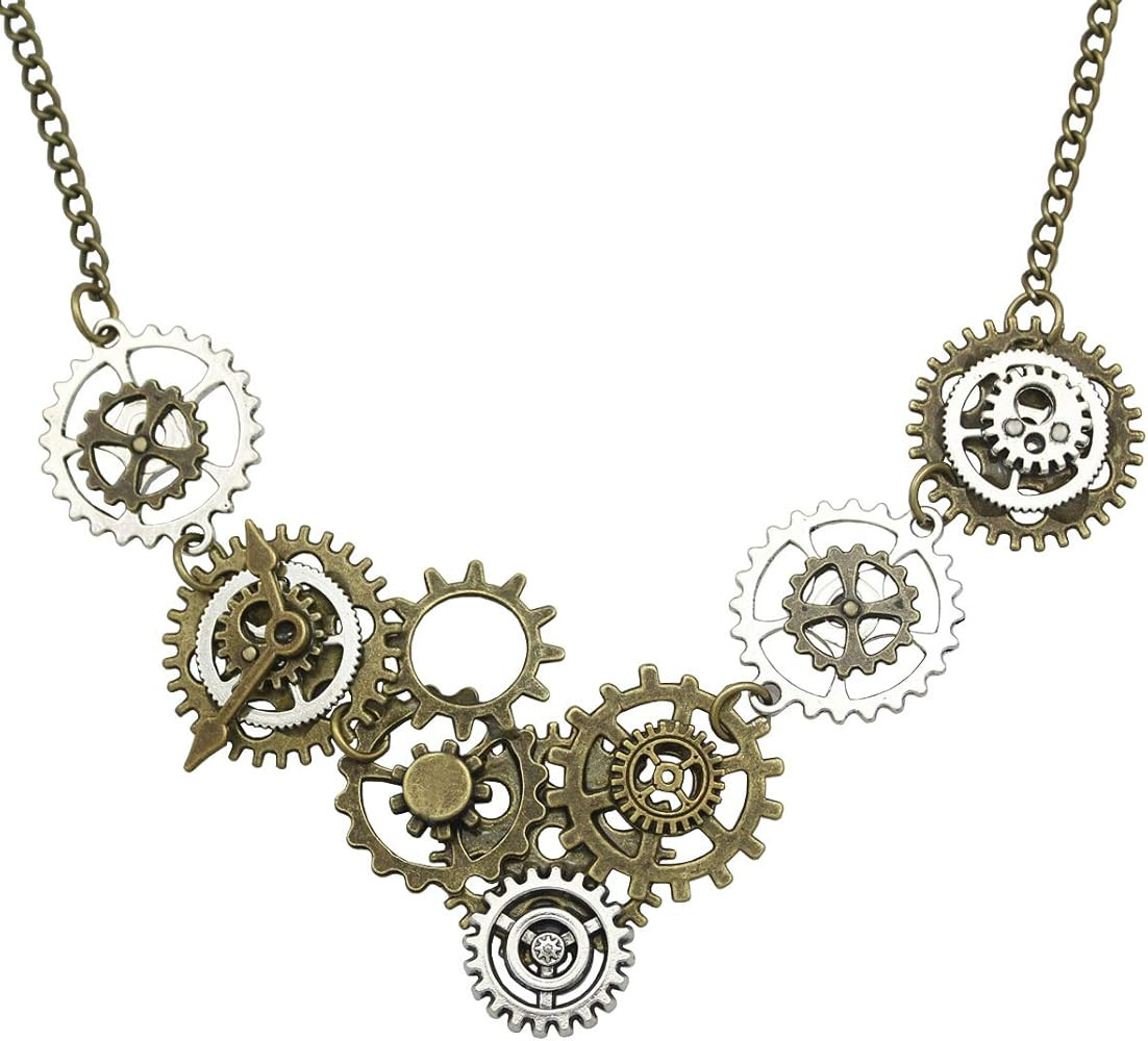 RechicGu Style A Watch Clock Clockwork Hand Gear Cog Steampunk Necklace Vintage Gold and Silver | Amazon (US)