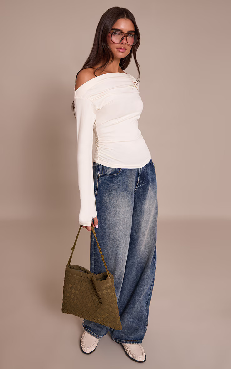 Cream Soft Cotton Ruched Asymmetric Long Sleeve Top | PrettyLittleThing UK