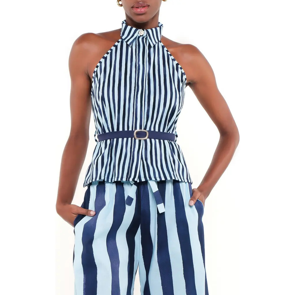 The Lulo Project The Horizon Stripe Belted Linen Blend Halter Top in Heritage Stripes Mini Blue at Nordstrom, Size Small | Nordstrom