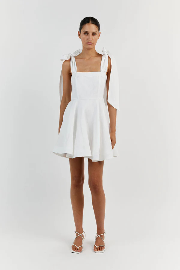 AISLE WHITE LINEN BOW MINI DRESS | DISSH