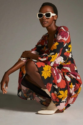 Maeve Deep-V Ruched Midi Dress | Anthropologie (US)