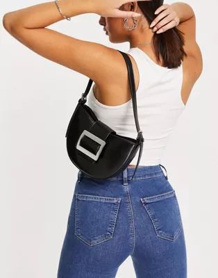 ASOS DESIGN curved 90s shoulder bag with buckle in black | ASOS (Global)