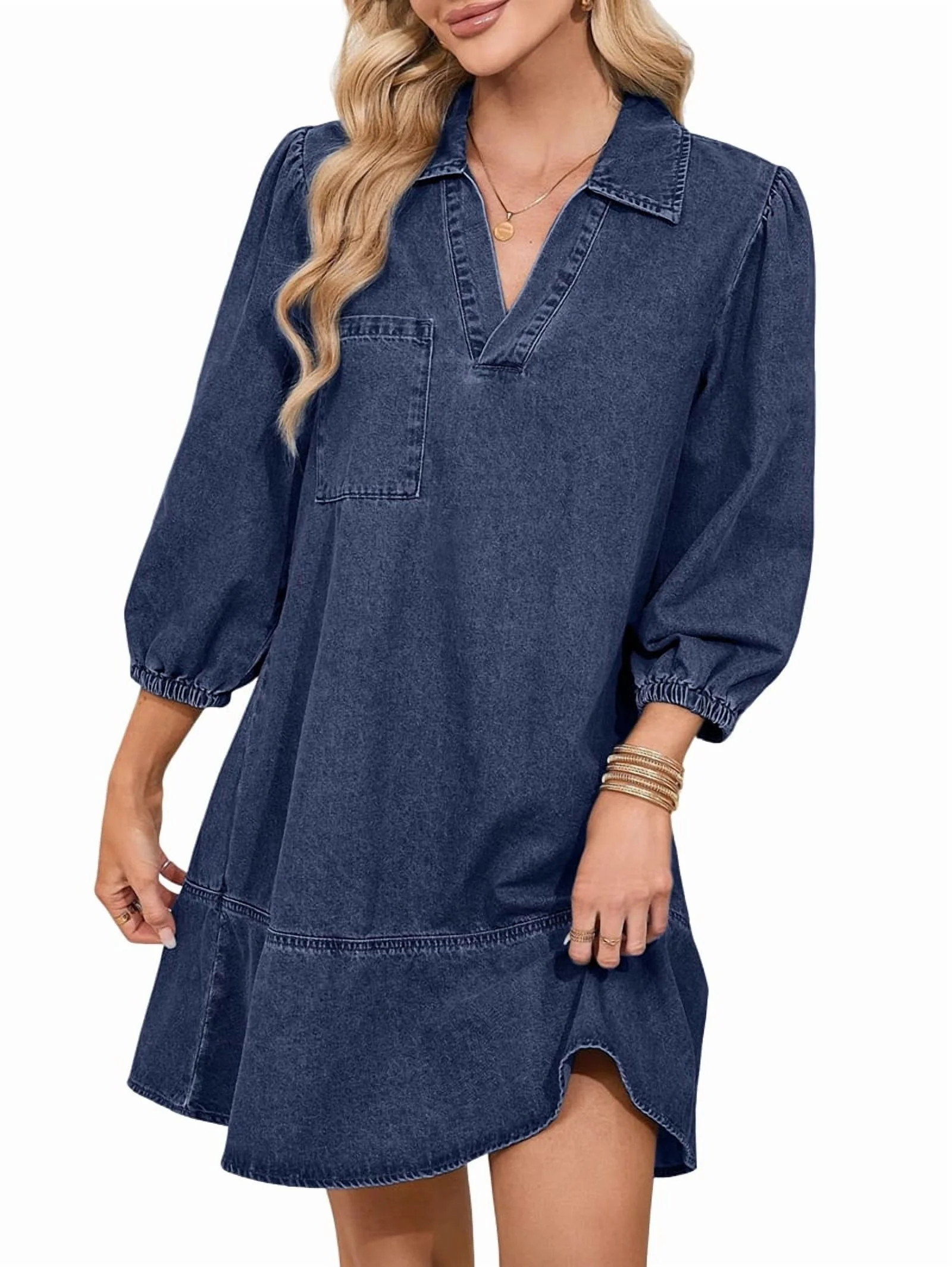 Denim Dress for Women Summer Casual Babydoll 2026 V Neck 3/4 Puff Sleeve Jean Dresses Dark Blue X... | Walmart (US)