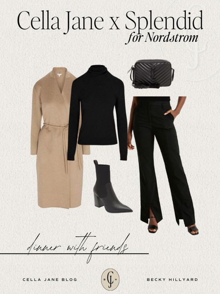 Cella Jane x Splendid collection at Nordstrom. Here’s some outfit inspiration with pieces from my collection and other products on Nordstrom! Dinner with friends. Waist tie coat, turtleneck, split hem pants, booties. 

#LTKstyletip #LTKSeasonal #LTKHoliday