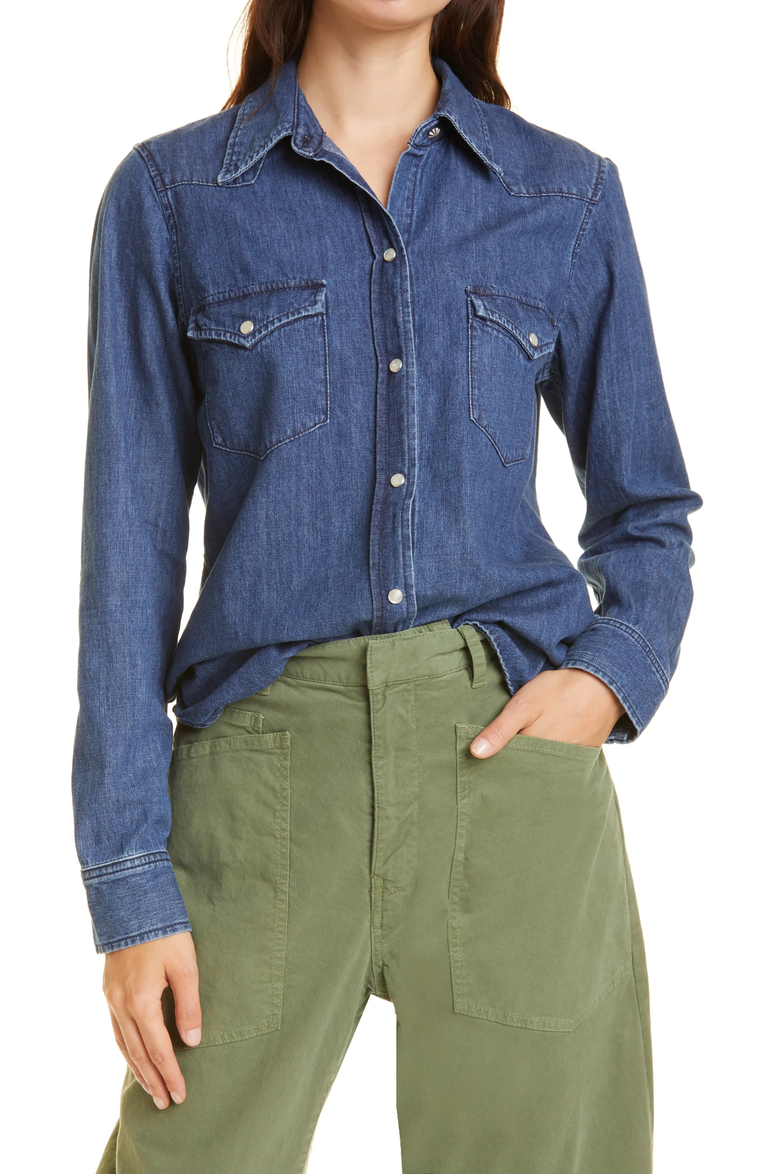 Nili Lotan Martine Cotton Denim Shirt in Deep Blue Wash at Nordstrom, Size Medium | Nordstrom