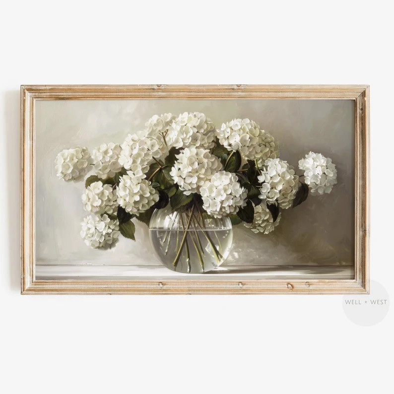 White Hydrangeas Frame TV Art | Vintage Style Floral Painting | Neutral Flower TV Artwork | Sprin... | Etsy (US)