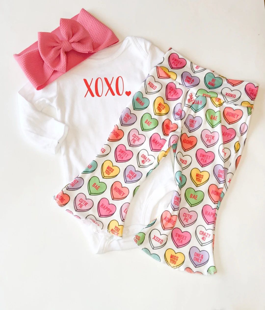 Valentines Day Baby Bells Set, Conversation Hearts Baby Girl Bell Bottoms and Bow Outfit, Baby Bu... | Etsy (US)