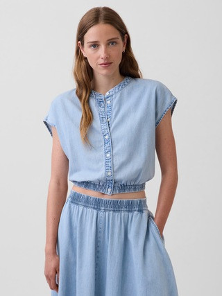 Denim Cap-Sleeve Crop Button-Front Top | Gap (US)