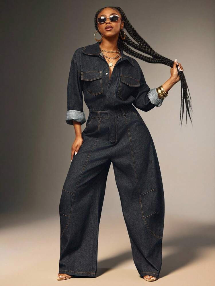 Denimoi Button Front Collared Long Sleeve Barrel Leg Denim Jumpsuit Barrel Jeans Long Sleeve Jumpsuit | SHEIN