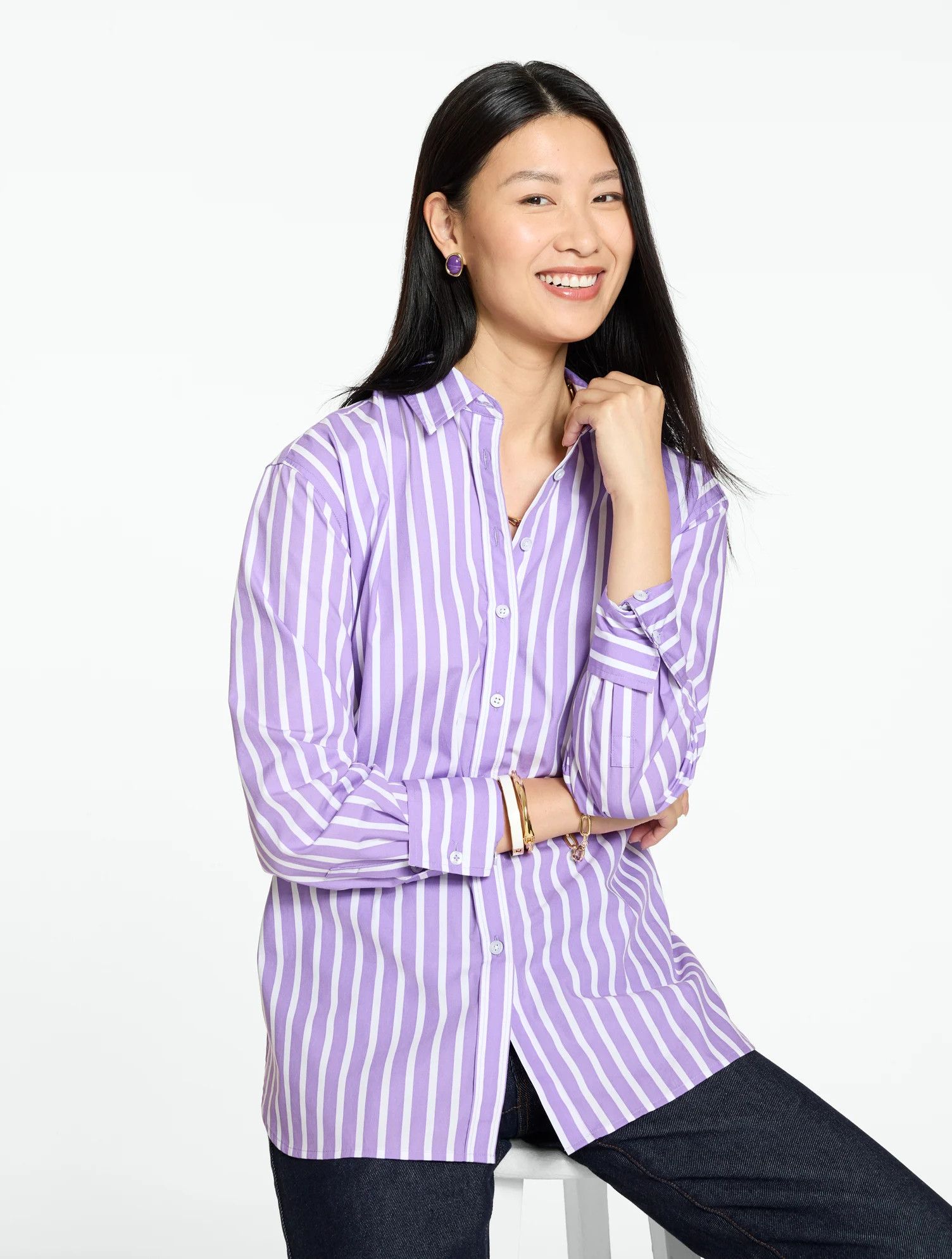 Plus Petite - Everyday Relaxed Shirt - Orchard Stripe - Heritage Green/White - 3X - 100% Cotton Talbots | Talbots