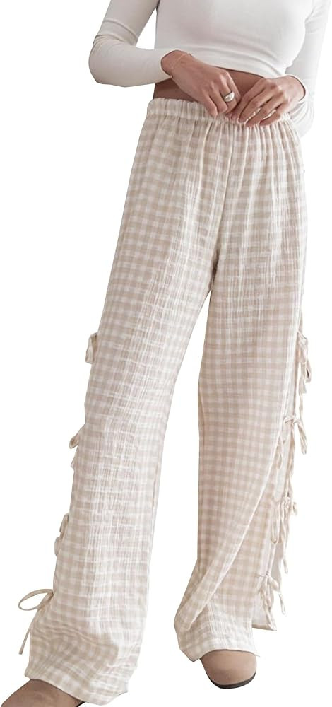 Gingham Pants Women Bow Tie Side Split Wide Leg Y2k Plaid Pants High Waist Striped Lounge Pant Go... | Amazon (US)