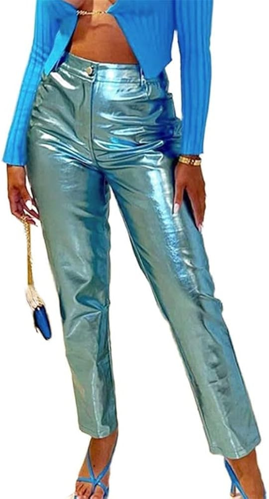 LROSEY Women's Shiny Metallic Holographic Straight Leg Faux Leather Pants with Pockets | Amazon (US)