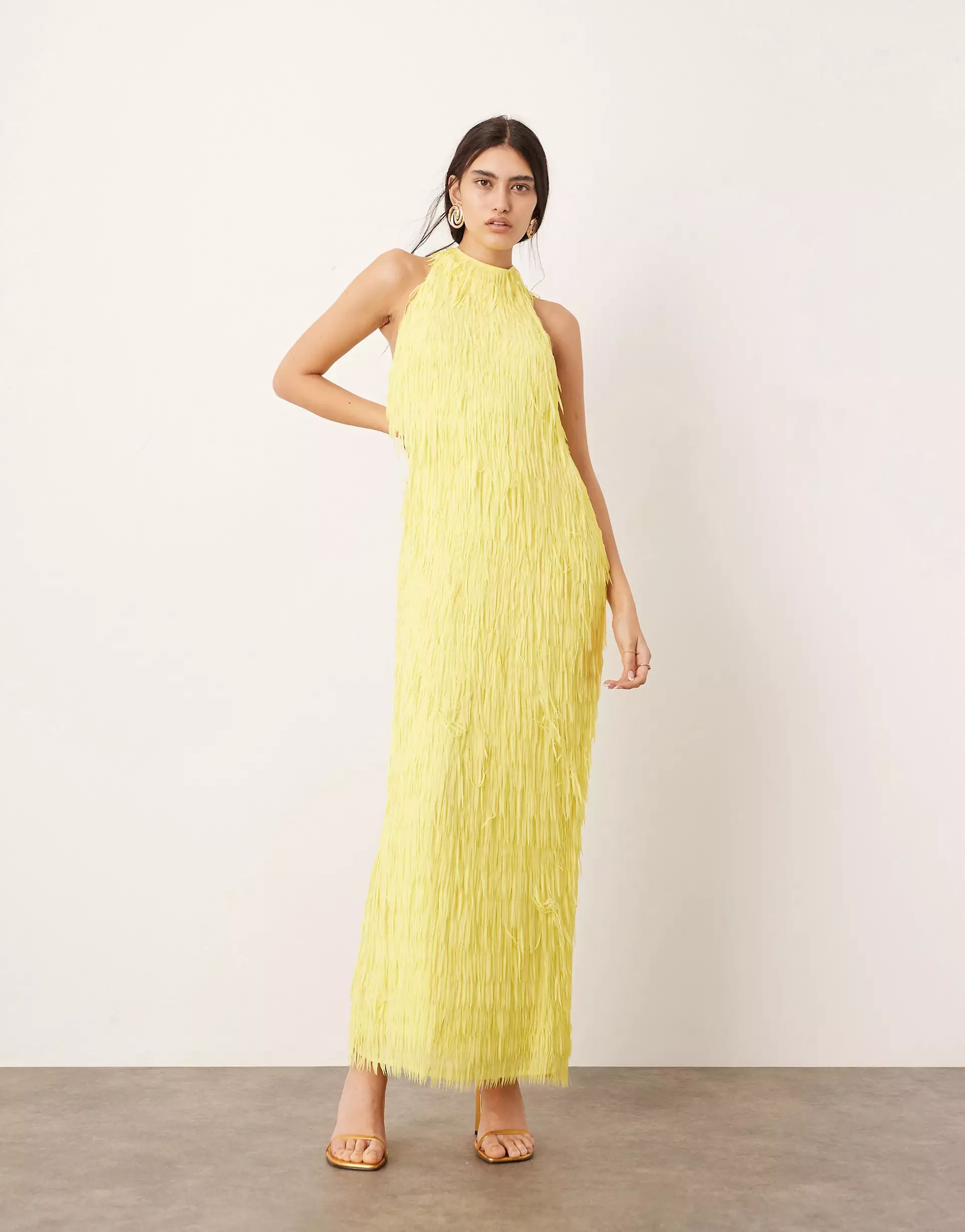 ASOS EDITION statement fringed halter maxi dress in yellow | ASOS (Global)