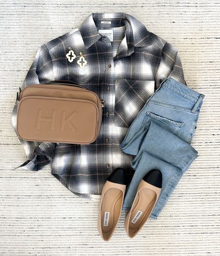 Fall casual outfit with this pretty flannel paired with my all-time best jeans and flats for a chic look. Flannel is 25% off with an additional 15% off with code CYBER15! Earrings available in rhodium and on sale for 40% off! Perfect outfit for casual at home workwear, teacher outfits, every day outfit and more. Can be dressed warmer for winter with a coat and is nursing friendly! 

#LTKstyletip #LTKsalealert #LTKCyberWeek