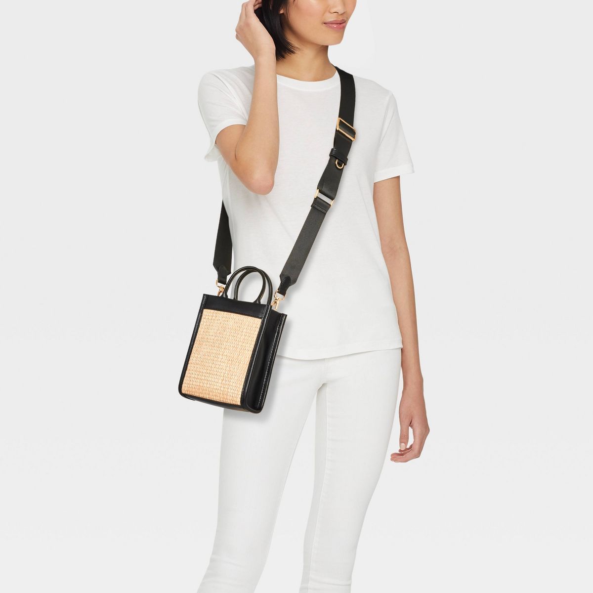 Straw Mini Boxy Tote Handbag - A New Day™ Natural/Black | Target