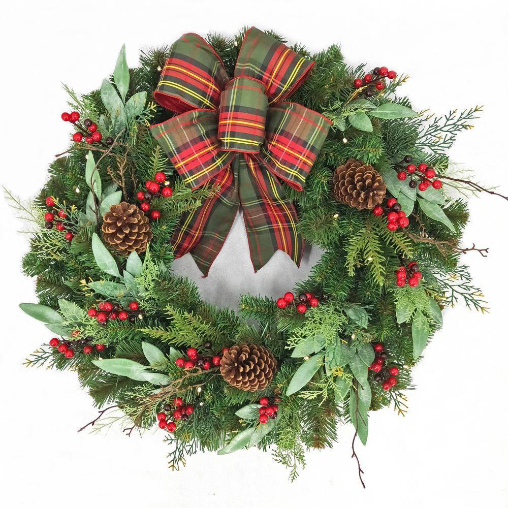 30 in Woodmoore Battery Operated Mixed Pine LED Pre-Lit Artificial Wreath with Timer and Plaid Ri... | The Home Depot