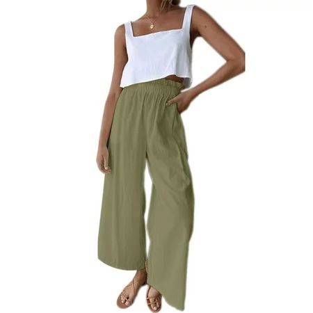 Suanret Women Casual Smocked High Waist Wide Leg Pants Palazzo Lounge Trousers Loose Flowy Beach Pan | Walmart (US)